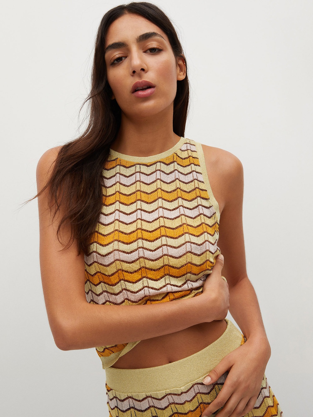 

MANGO Yellow & Off White Chevron Open Knit Pattern Crop Top