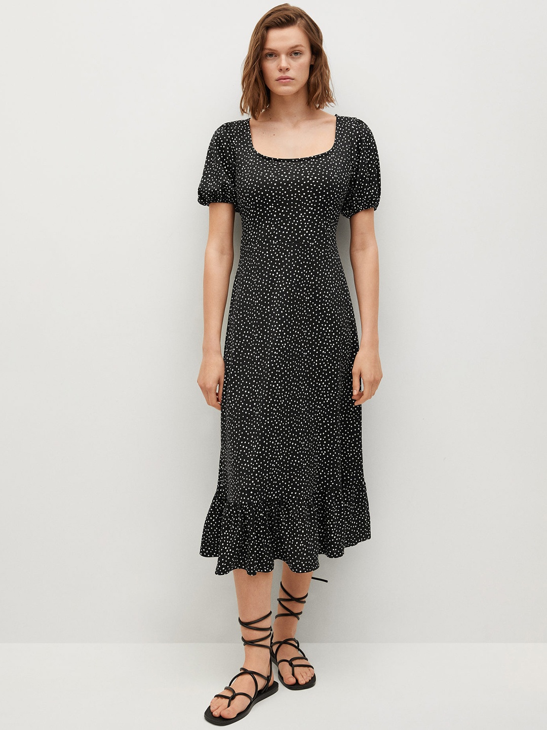 

MANGO Black & White Polka Dot Print Sustainable Ruffled A-Line Midi Dress