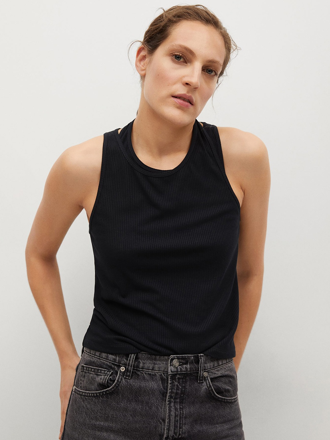 

MANGO Black Sustainable Double Neck Solid Regular Top