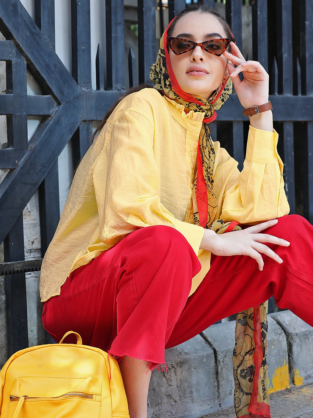 

MANGO Mustard Yellow Frilled Mandarin Collar Shirt Style Top