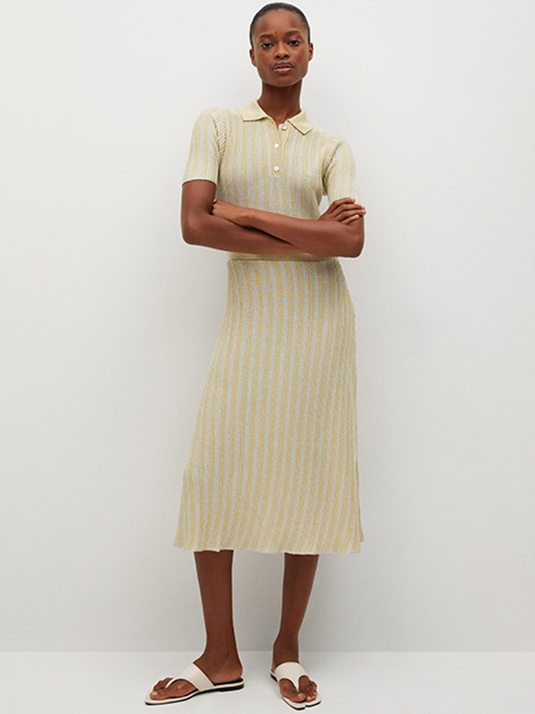 

MANGO Off White & Cream-Coloured Sustainable Tailored Design Striped T-shirt Midi Dress