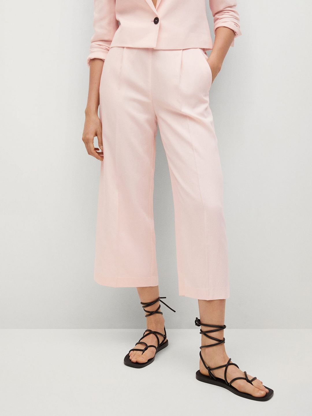 

MANGO Women Pink Solid Pleated Culottes Trousers