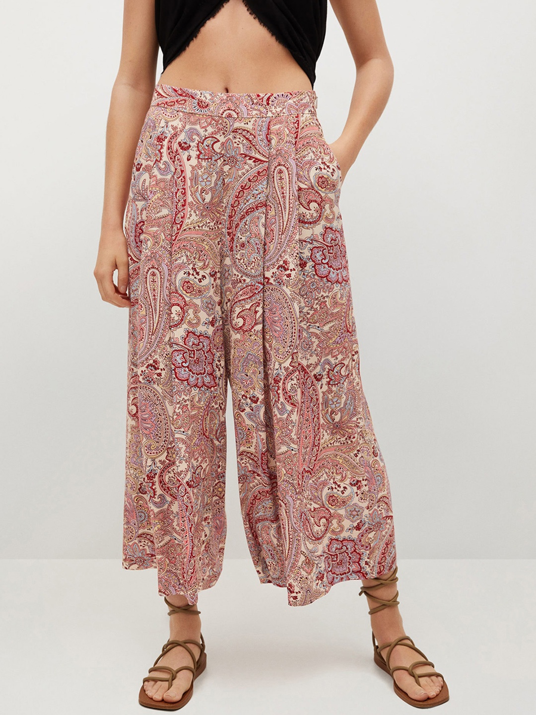 

MANGO Women Off White & Pink Sustainable High Rise Ethnic Motifs Print Cropped Culottes