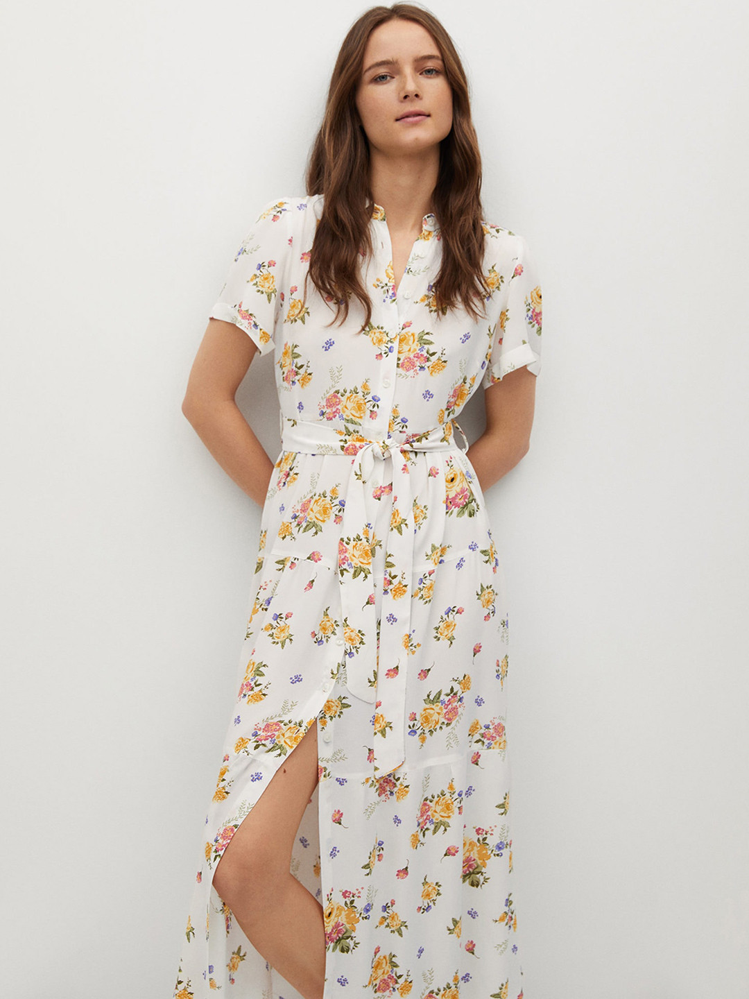 

MANGO Women White & Mustard Yellow Floral Printed Shirt Midi Tiered Dress