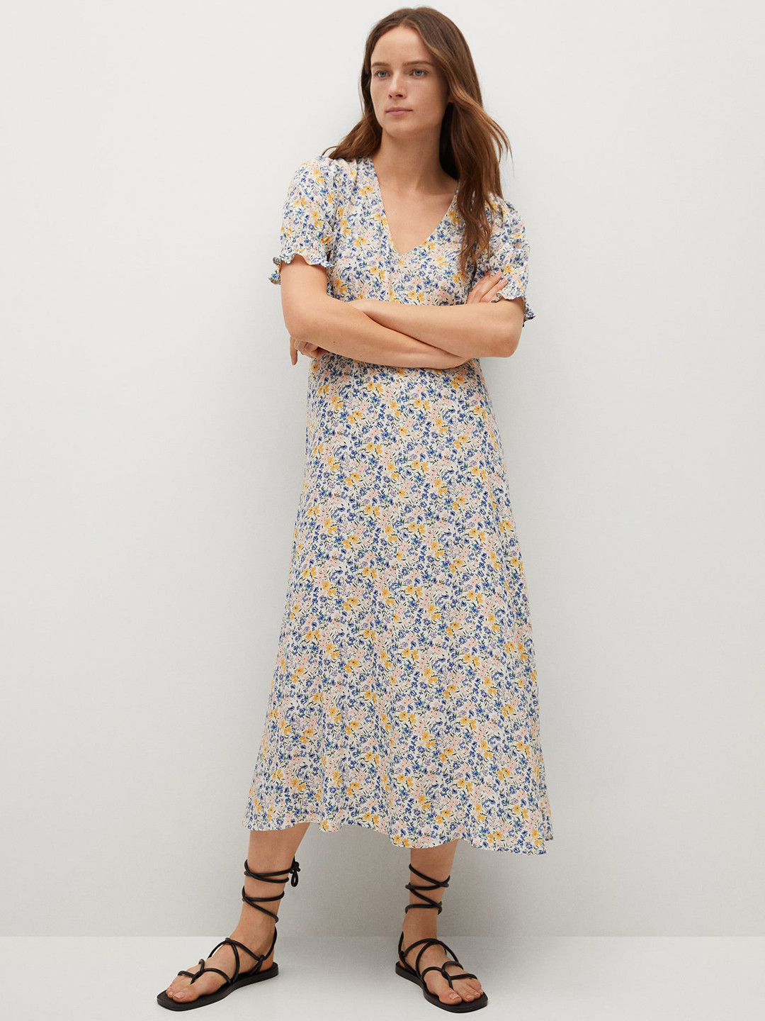 

MANGO White & Blue Floral Print Sustainable A-Line Midi Dress