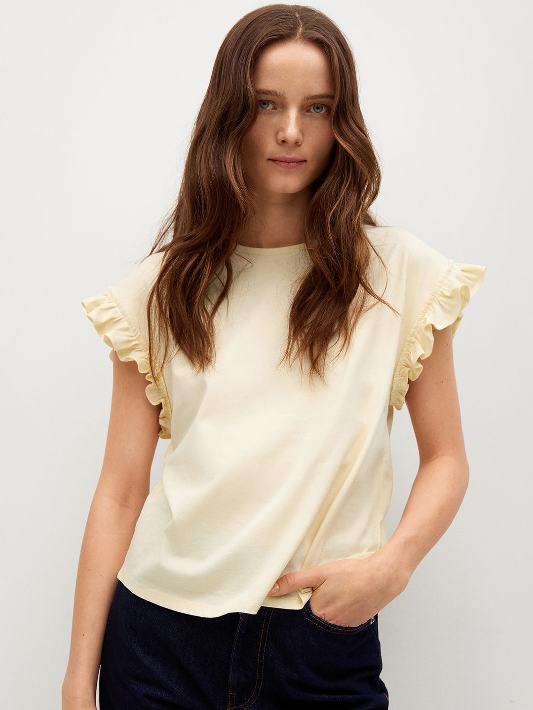 

MANGO Cream-Coloured Organic Cotton Extended Sleeves Regular Top