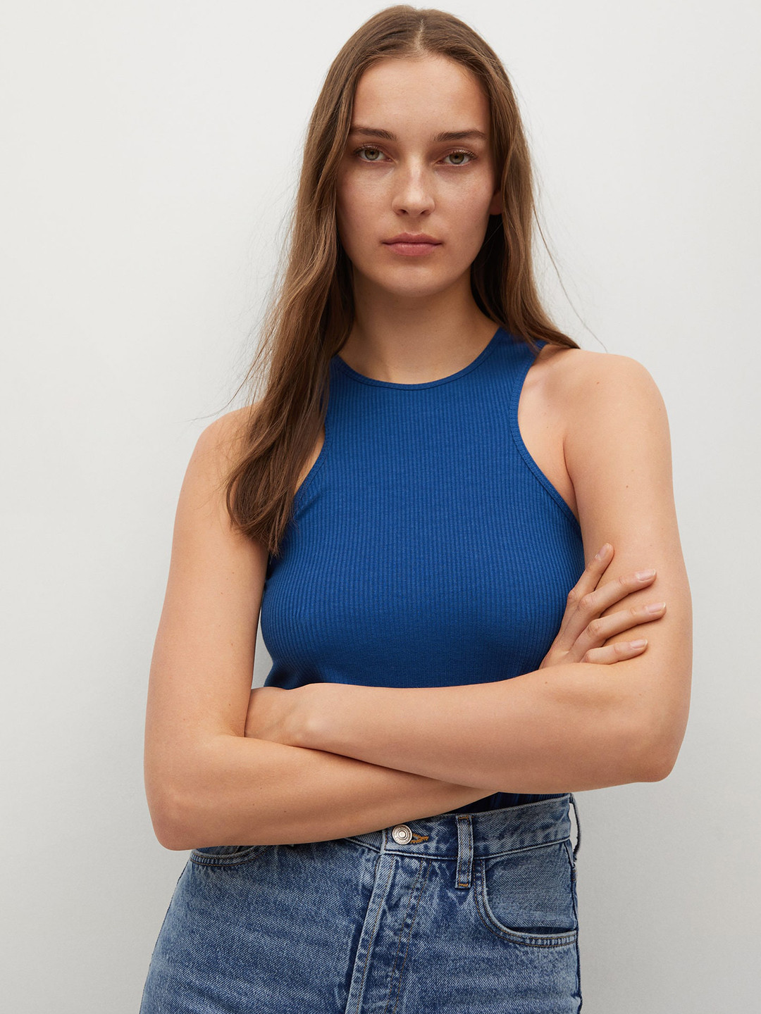 

MANGO Blue Ribbed Fitted Top