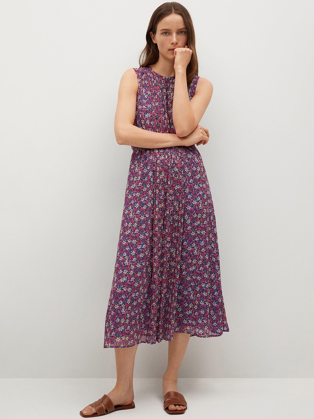 

MANGO Women Pink & Blue Floral A-Line Midi Dress
