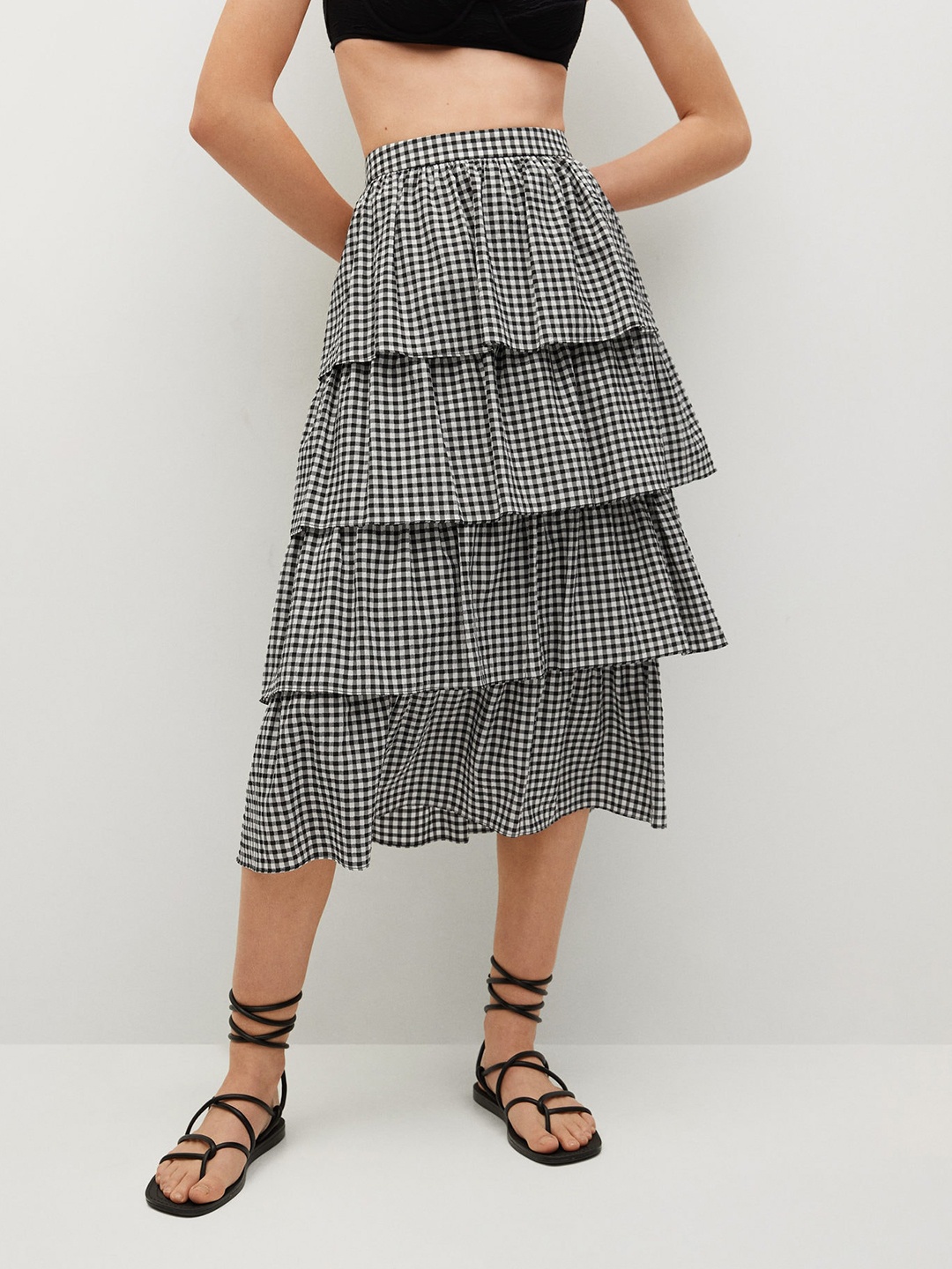 

MANGO Black & White Checked Seersucker Midi Tiered Skirt