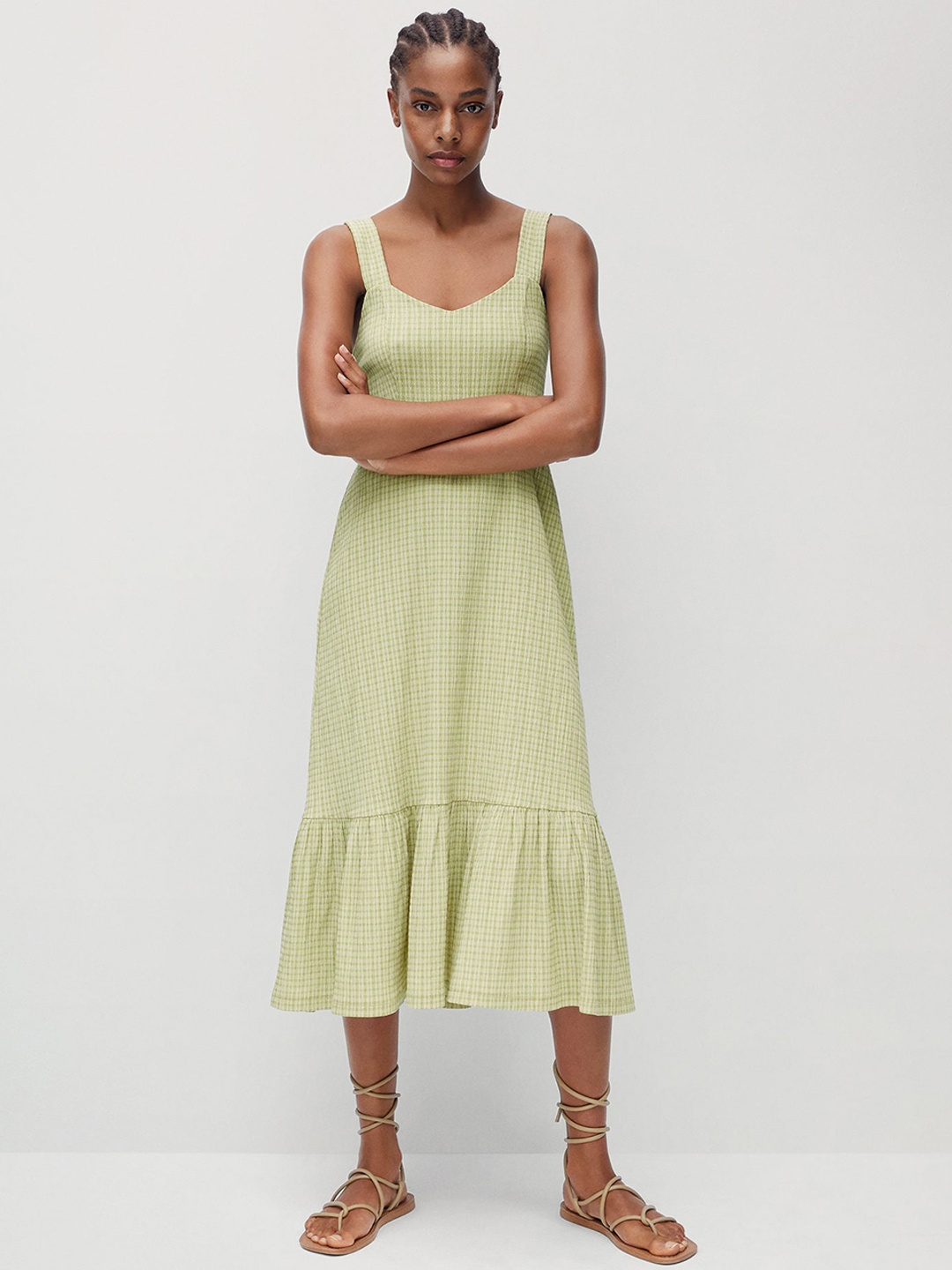 

MANGO Women Green Checked A-Line Midi Dress