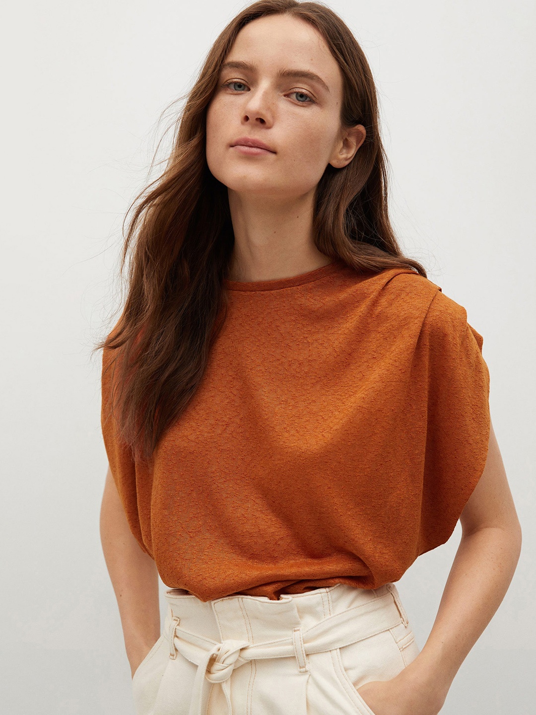 

MANGO Rust Brown Sustainable Pleated Solid Batwing Sleeve Regular Top