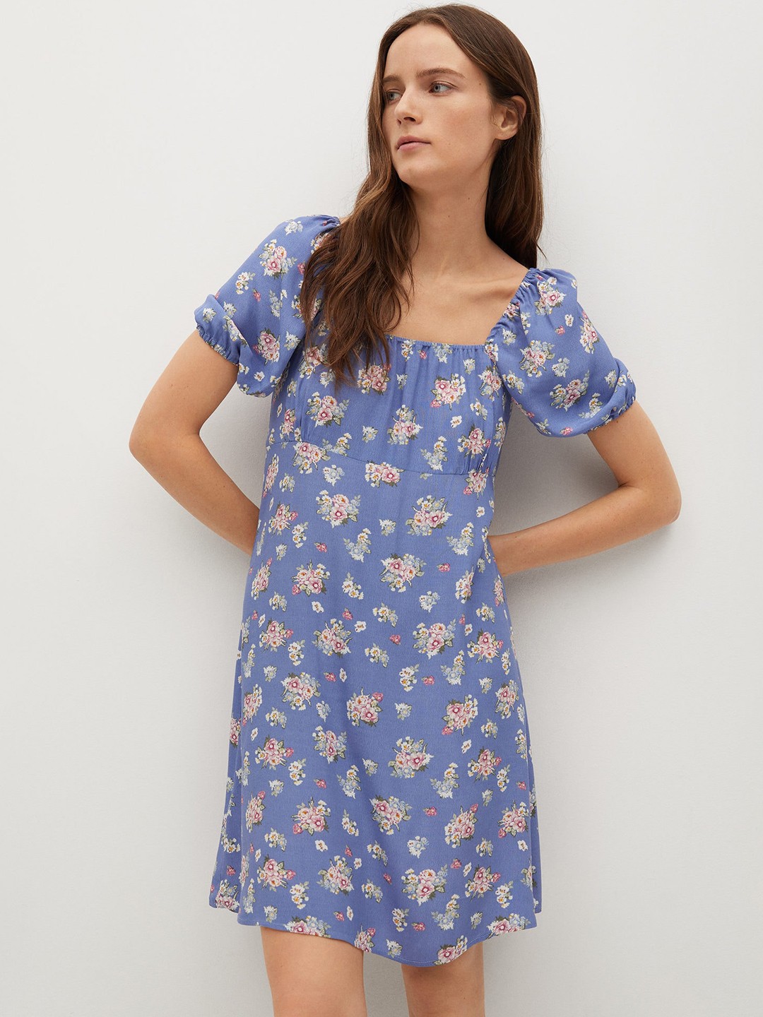 

MANGO Blue & White Floral Print Sustainable A-Line Dress