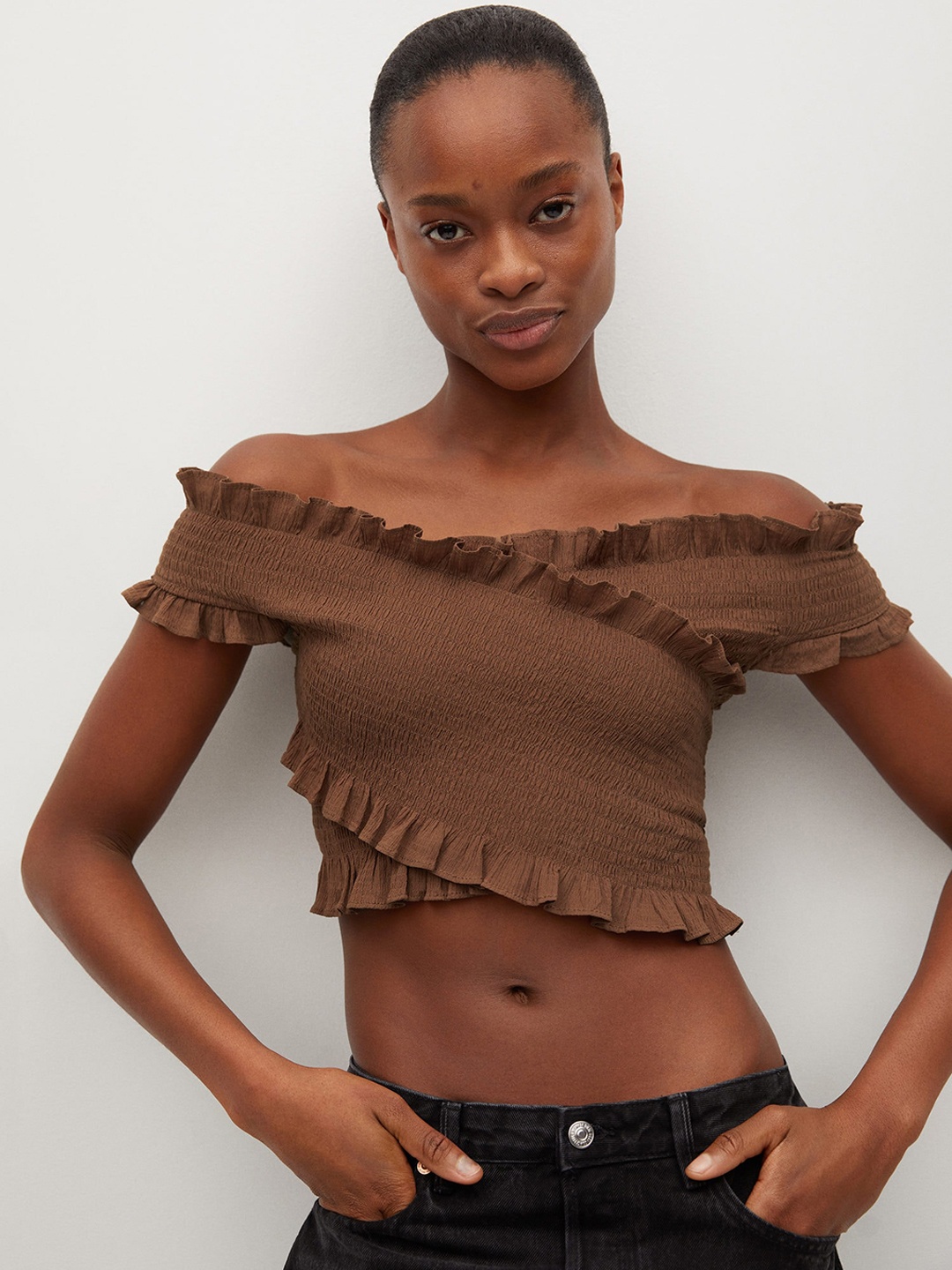 

MANGO Brown Sustainable Overlapped Bardot Top with Frilled Trims
