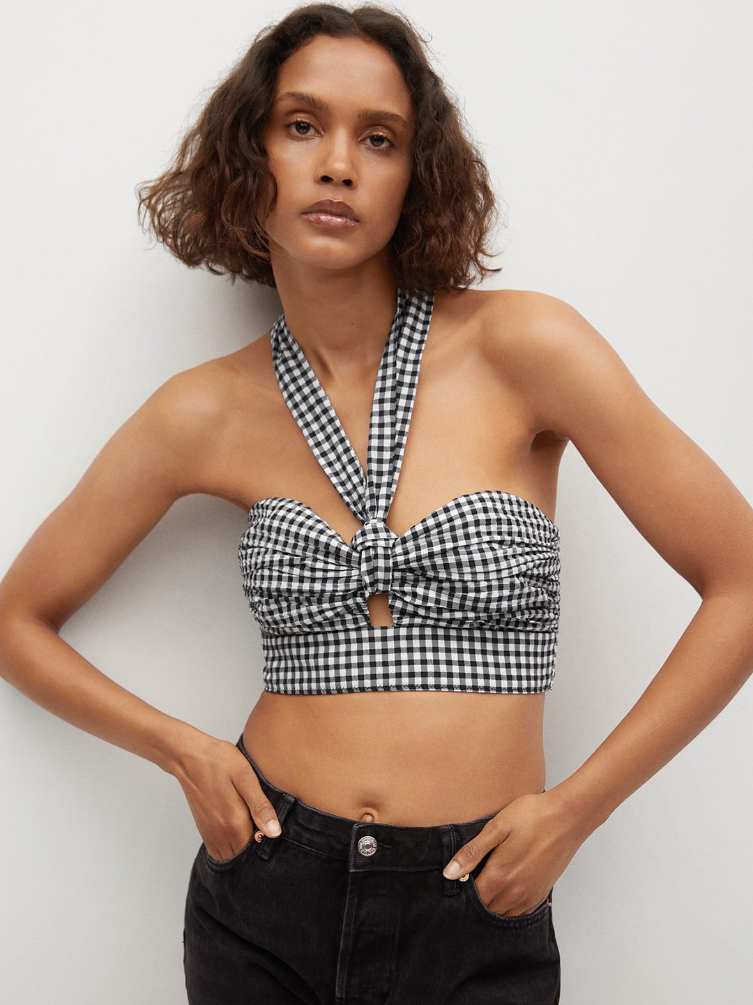 

MANGO White & Black Checked Halter Neck Monochrome Regular Top