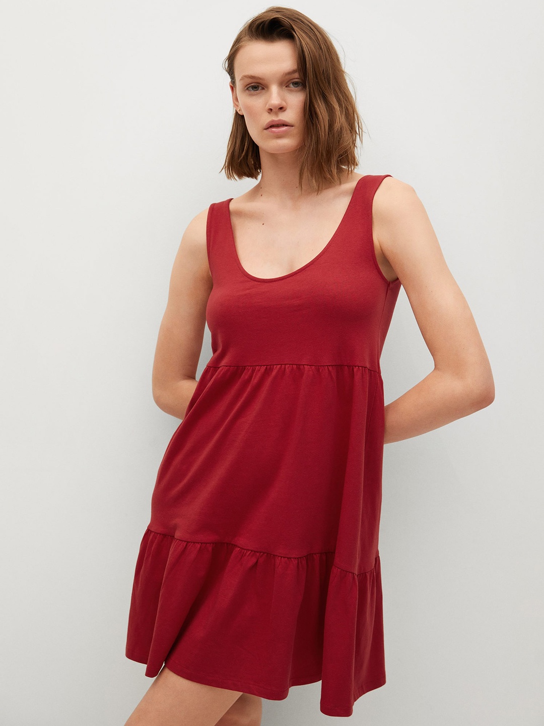 

MANGO Red Organic Cotton Gathered Tiered A-line Dress