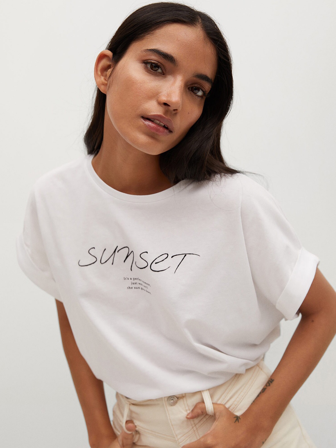 

MANGO Women White & Black Organic Cotton Sustainable Typography Printed Monochrome T-shirt