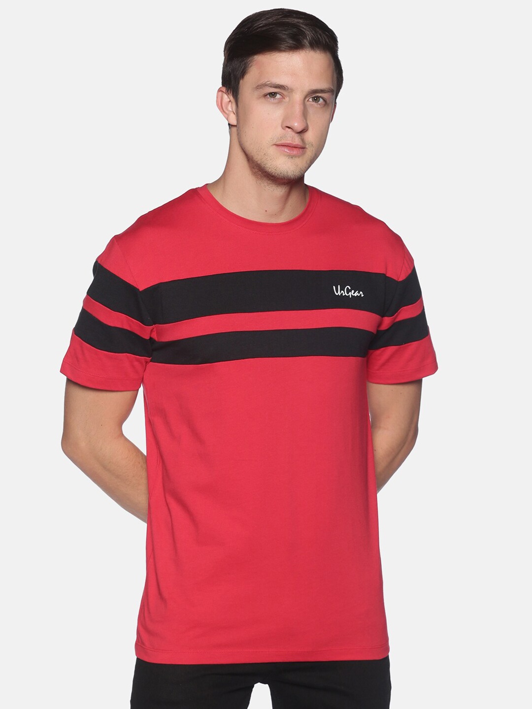 

UrGear Men Red & Black Striped Round Neck T-shirt
