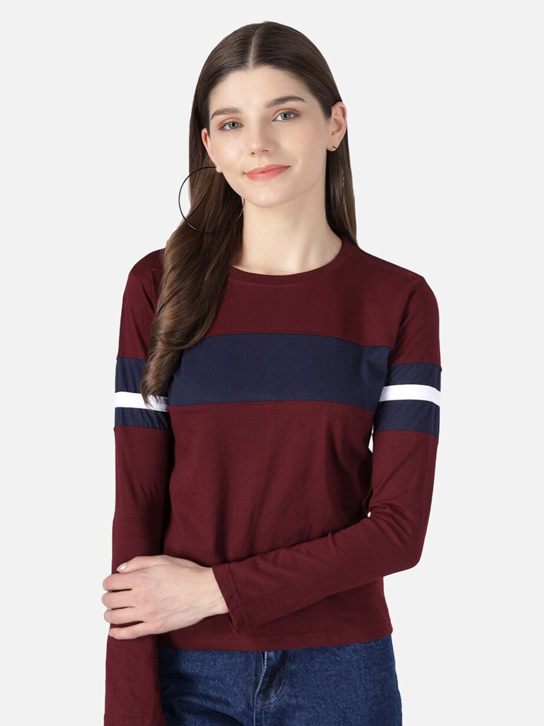 

The Dry State Women Maroon Colourblocked Round Neck T-shirt