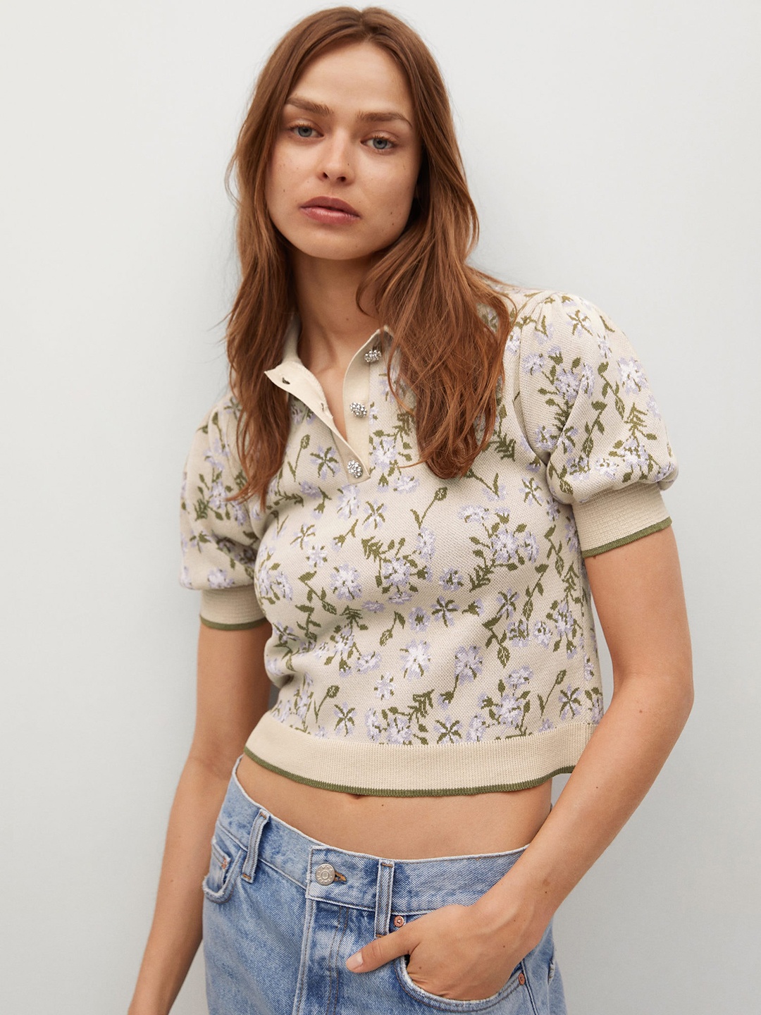 

MANGO Women Beige & Green Floral Printed Polo Collar T-shirt