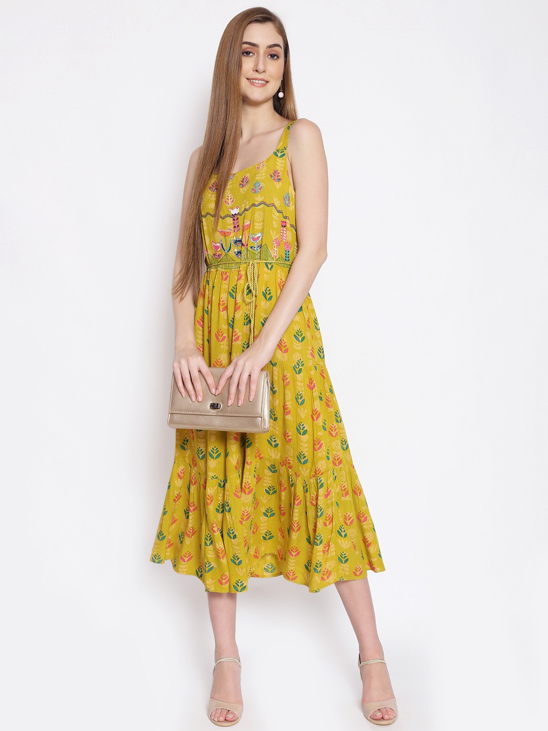 

Oxolloxo Women Yellow Printed Fit and Flare Dress