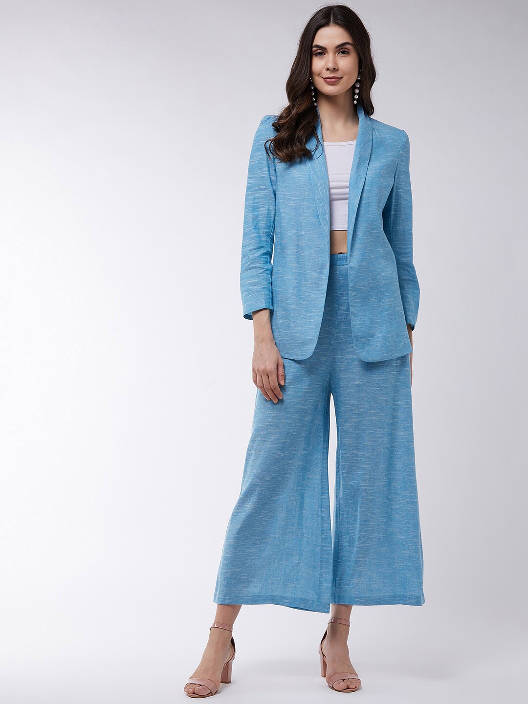 

Zima Leto Women Blue Solid Chambray Blazer with Trousers