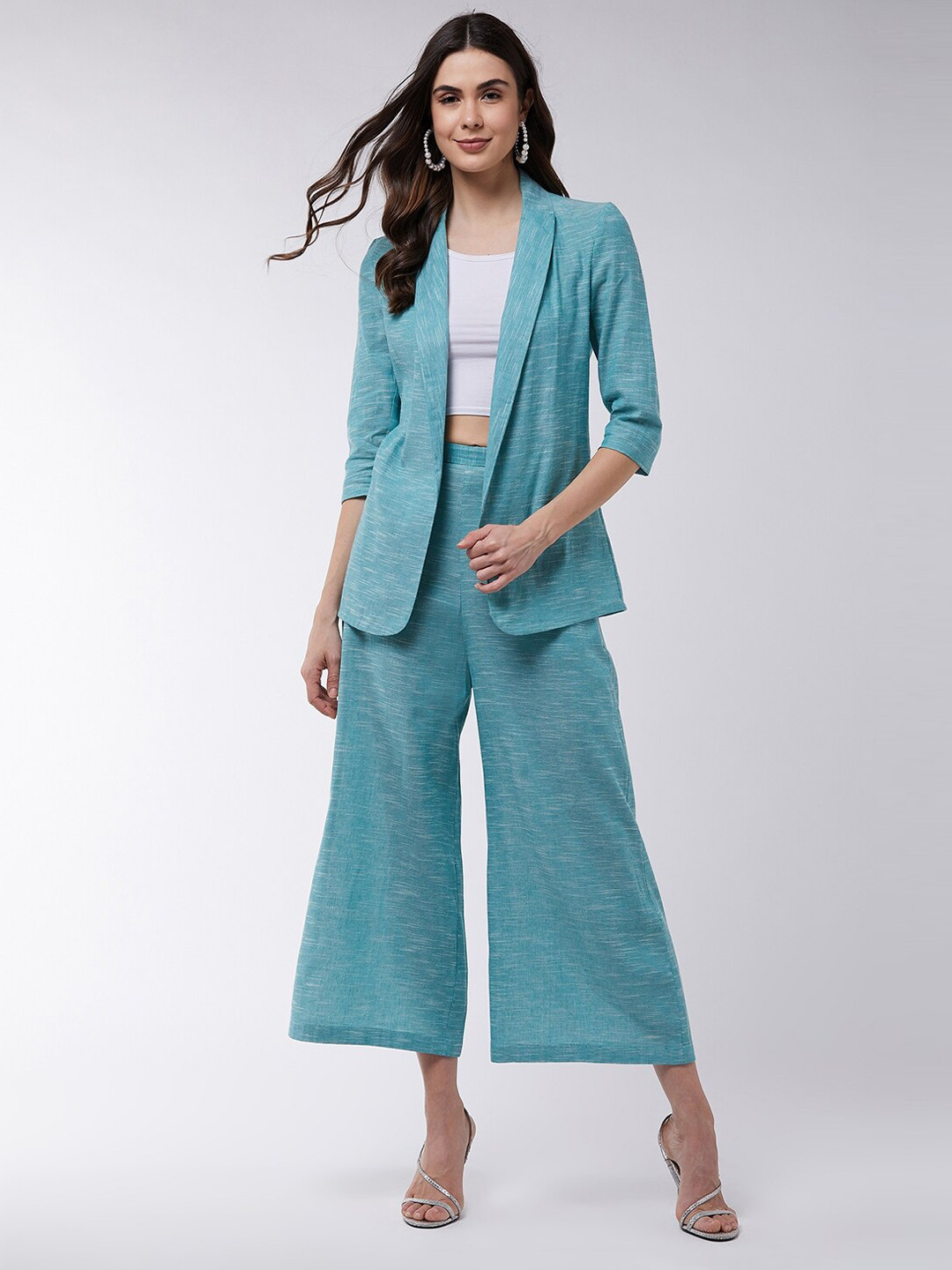 

Zima Leto Women Green Solid Chambray Blazer with Trousers