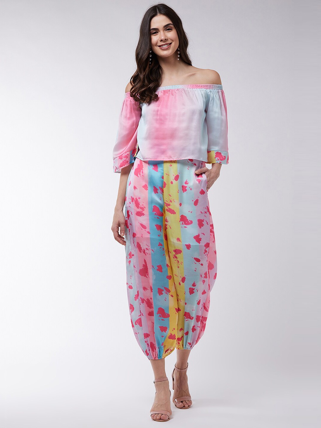 

Zima Leto Women Pink & Yellow Printed Top with Dhoti Pants