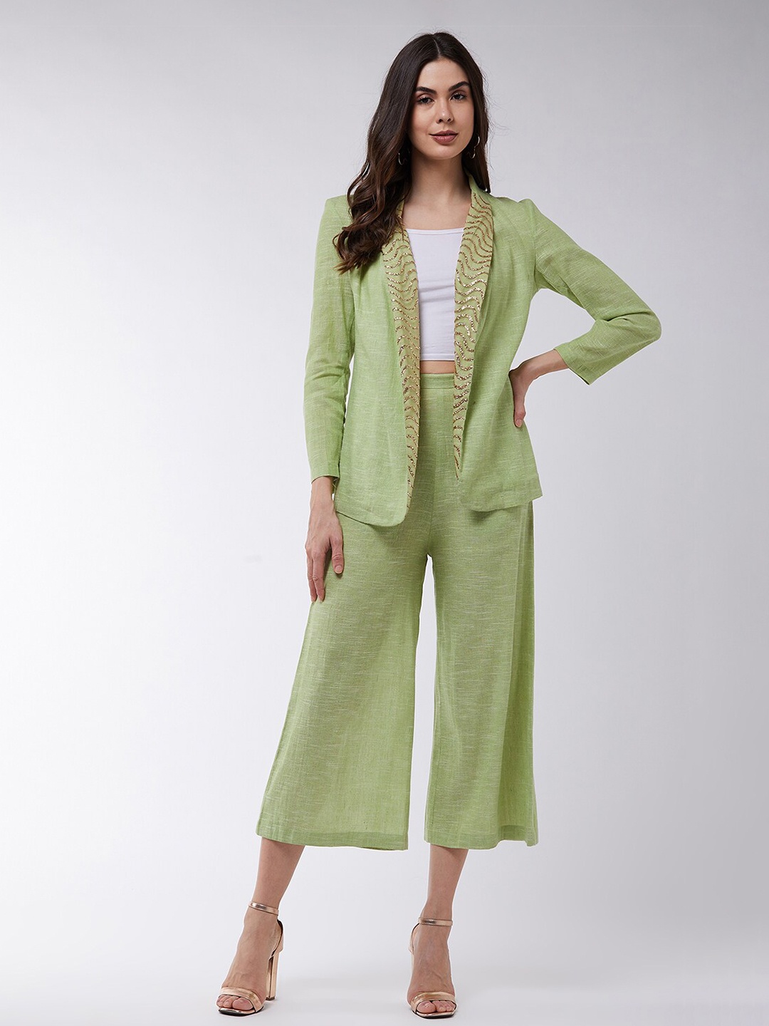 

Zima Leto Women Green Embellished Cotton Blazer with Palazzos