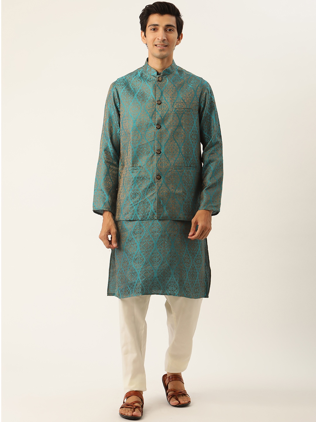 

SOJANYA Men Teal Blue & Off-White Woven Design Kurta with Pyjamas & Nehru Jacket