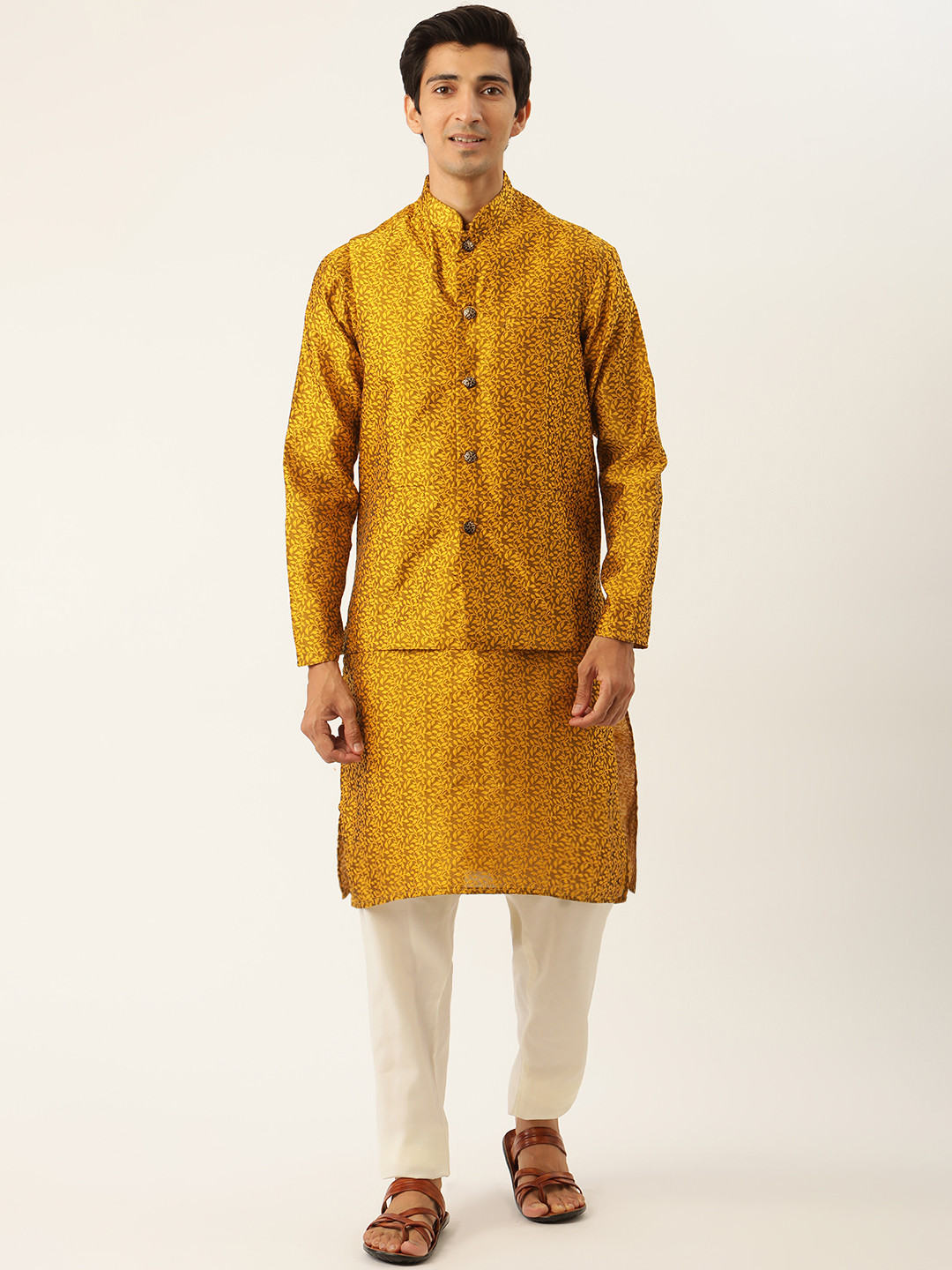 

SOJANYA Men Mustard Yellow & White Woven Design Kurta with Pyjamas & Nehru Jacket