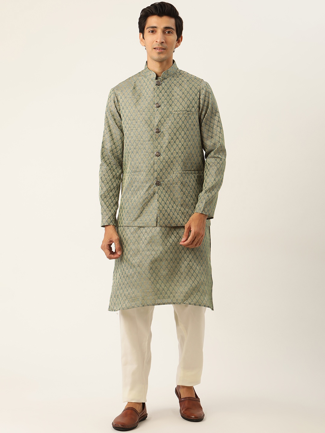 

SOJANYA Men Green Ethnic Motifs Kurta Set With Nehru Jacket