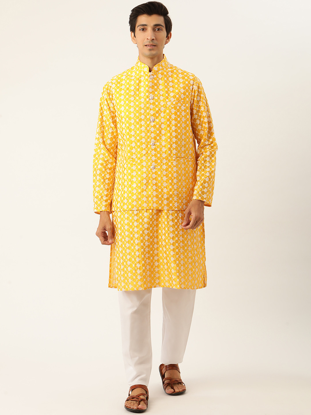 

SOJANYA Men Yellow & White Embroidered Kurta with Pyjamas & Nehru Jacket