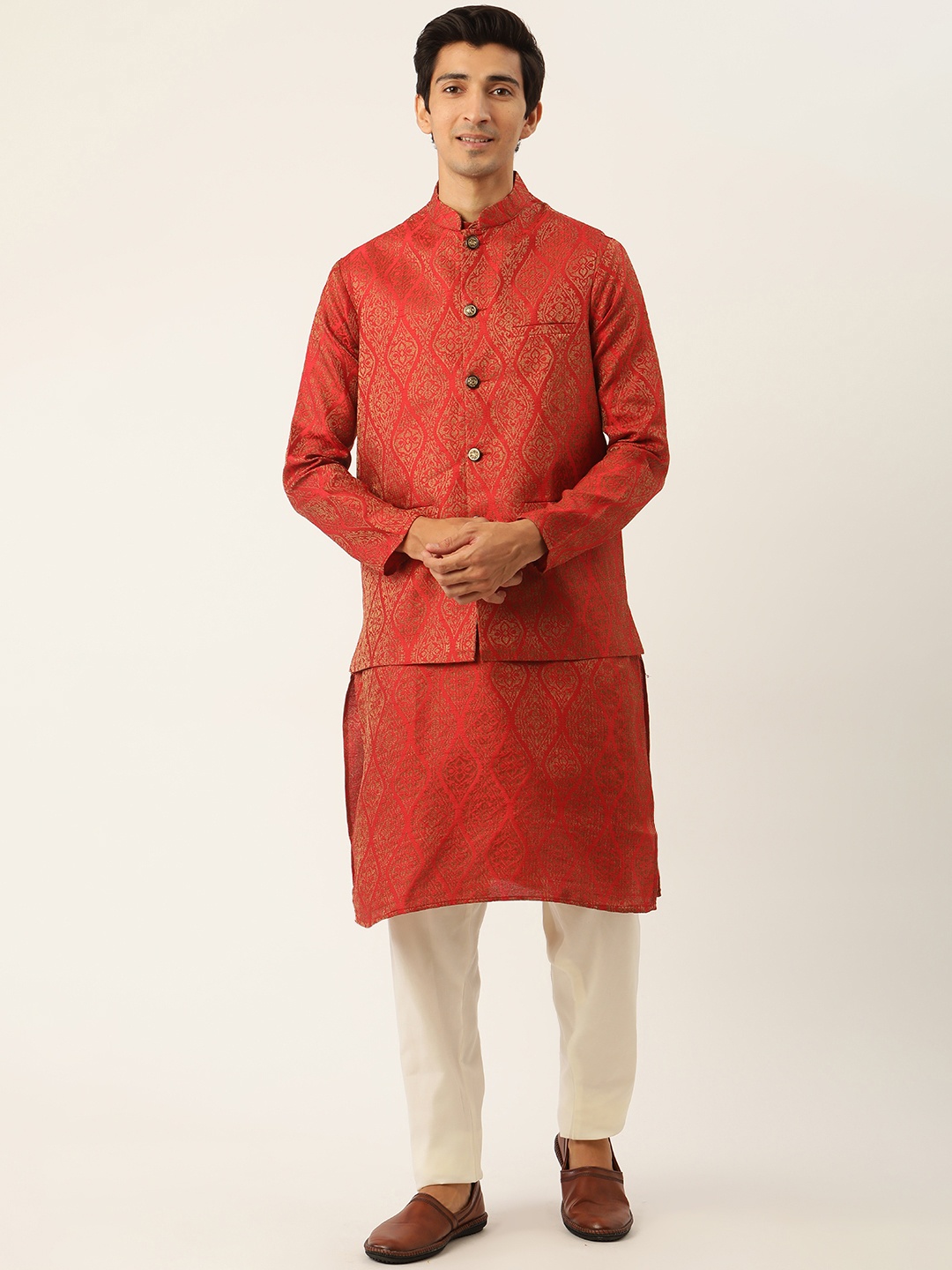 

SOJANYA Men Red Ethnic Motifs Kurta Set With Nehru Jacket