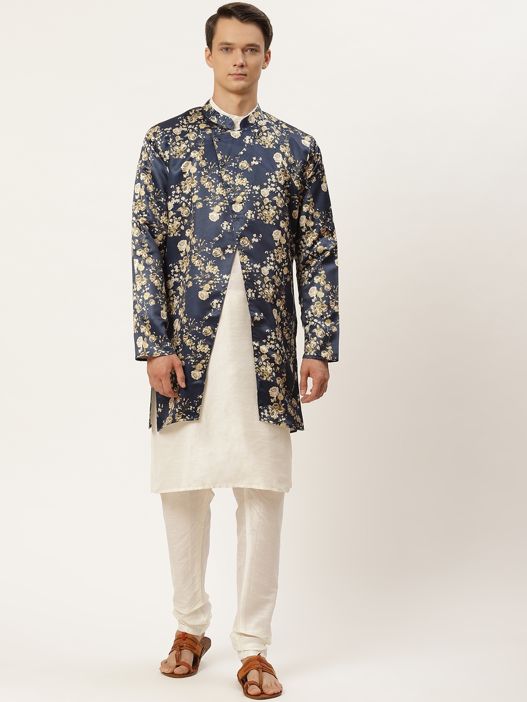 

SOJANYA Men Off White Kurta with Churidar & Jacket