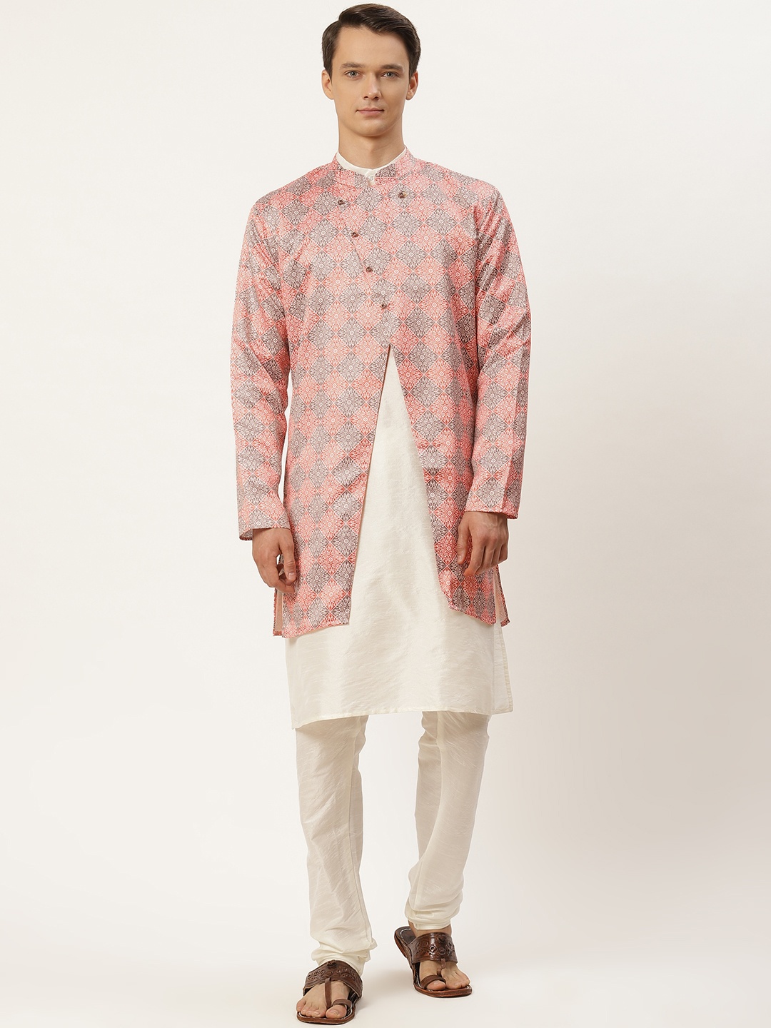 

SOJANYA Men Off White & Red Ethnic Motifs Print Kurta & Churidar with Tailored Jacket