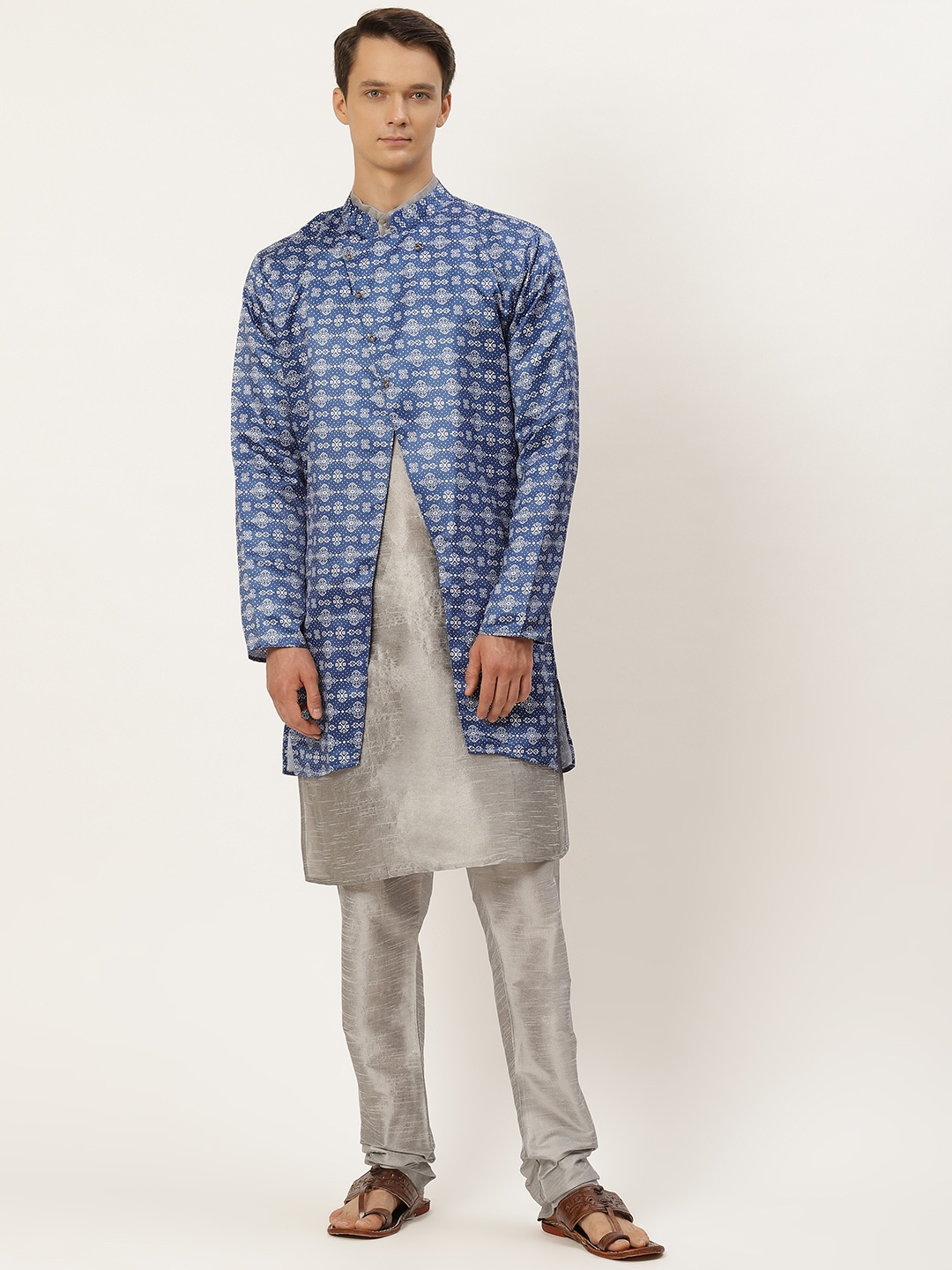 

SOJANYA Men Blue & Grey Ethnic Motifs Print Kurta & Churidar with Tailored Jacket