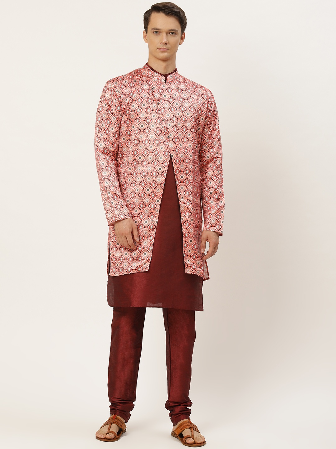 

SOJANYA Men Pink & Maroon Ethnic Motifs Print Kurta & Churidar with Tailored Jacket