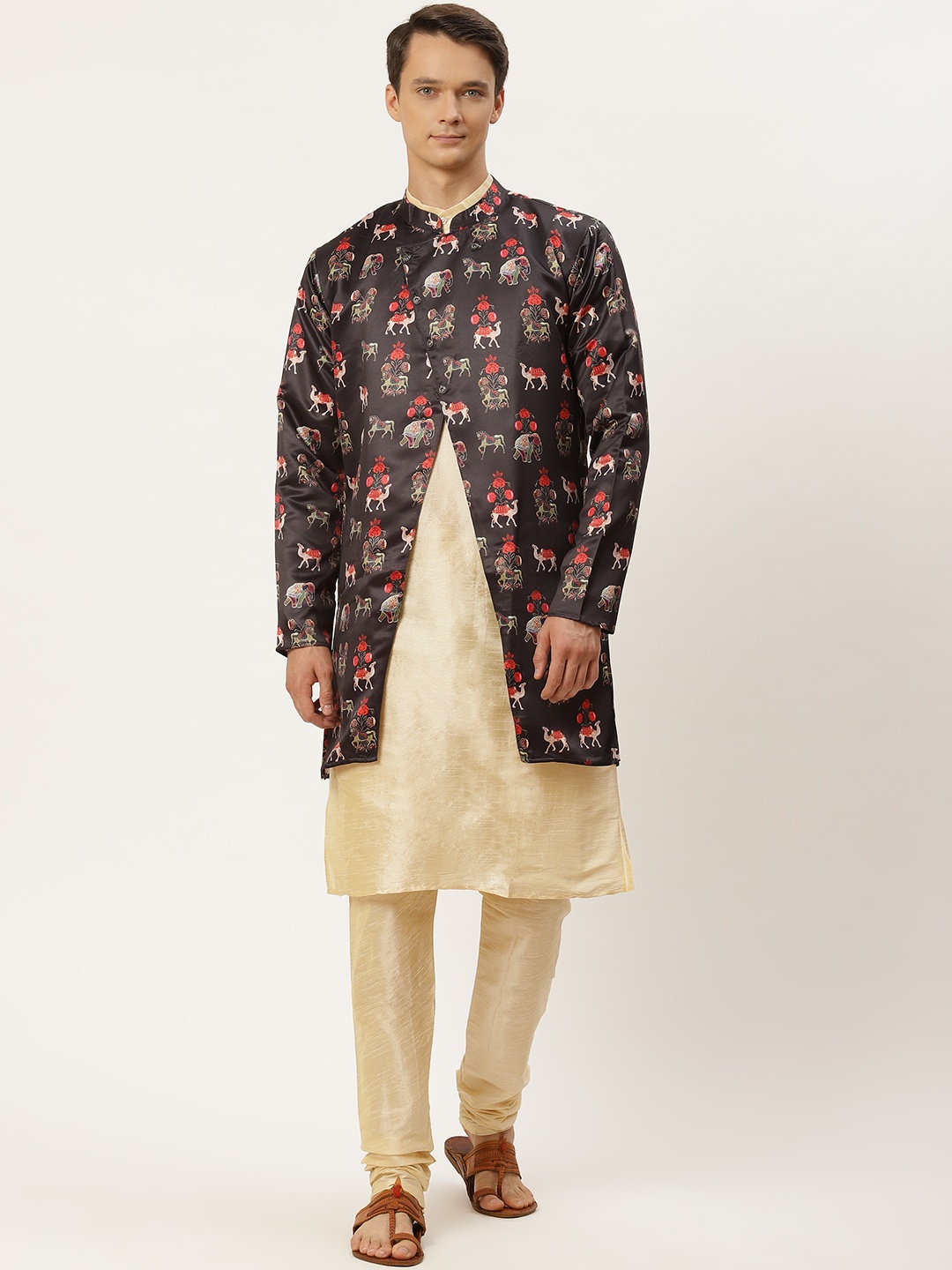 

SOJANYA Men Black & Golden Ethnic Motifs Print Kurta & Churidar with Tailored Jacket