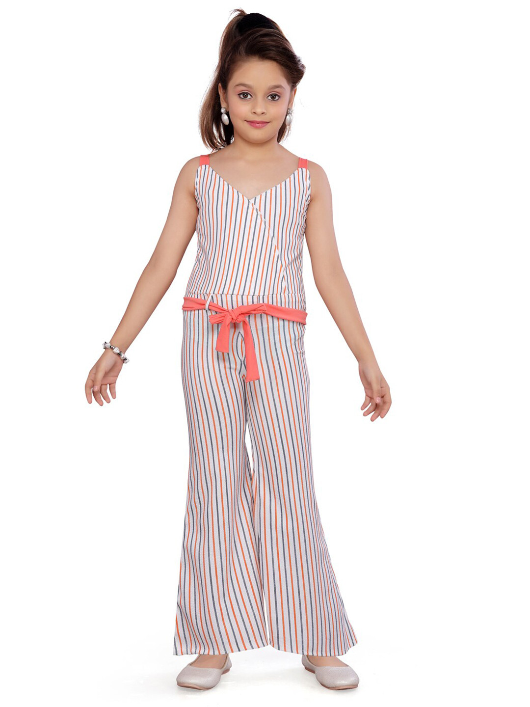

Aarika Girls Pink & Blue Striped Culotte Jumpsuit