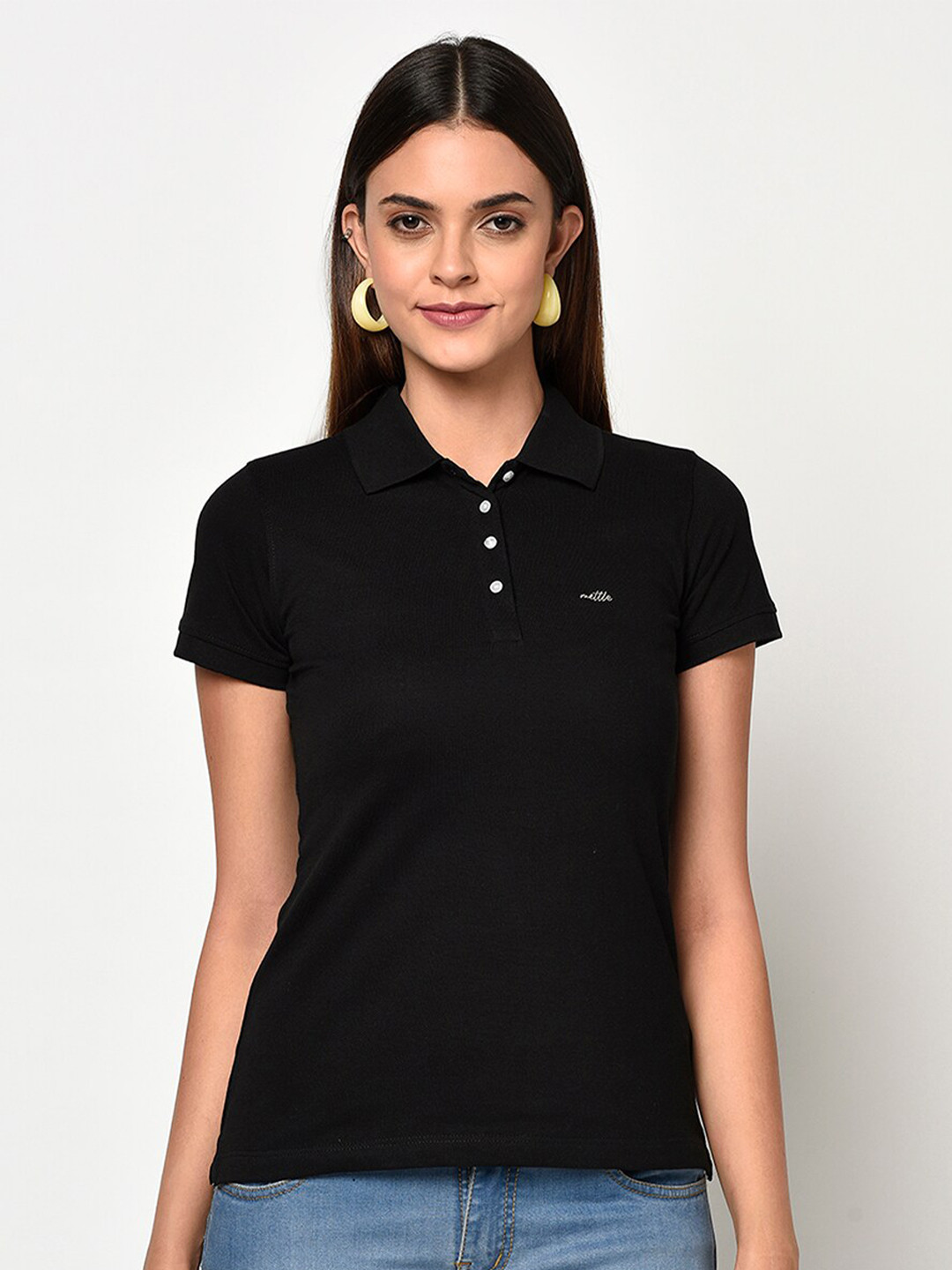 

METTLE Women Black Solid Polo Collar T-shirt