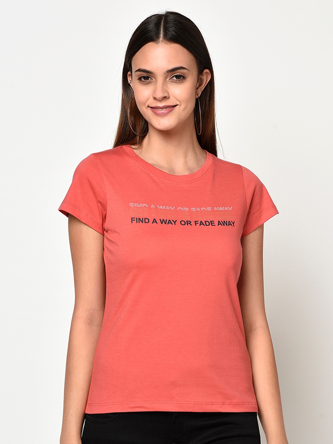

METTLE Women Coral Red Printed Detail Round Neck T-shirt