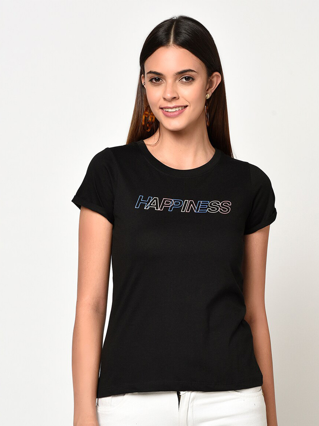 

METTLE Women Black Printed Detail Round Neck T-shirt