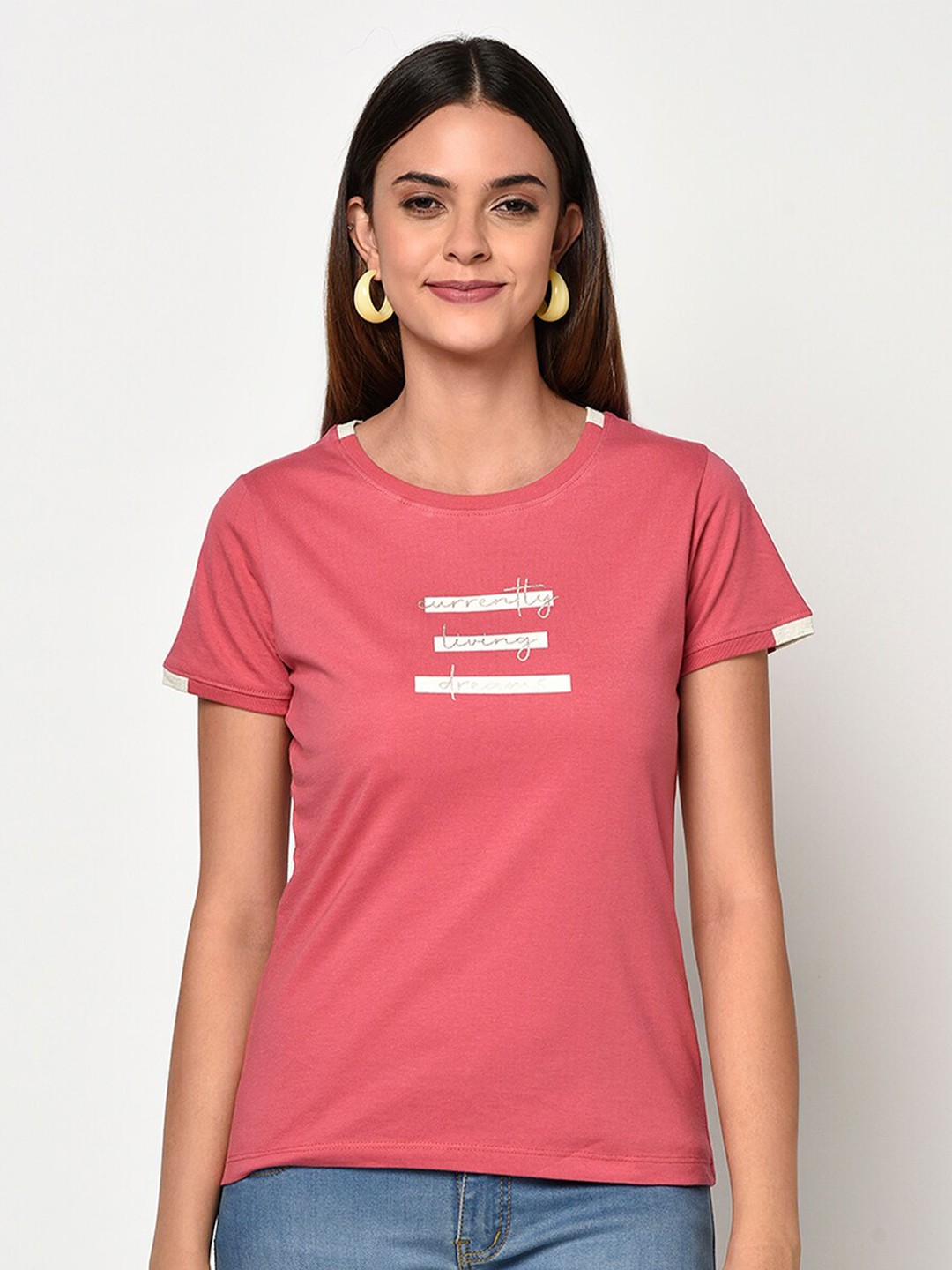 

METTLE Women Pink Printed Detail Round Neck T-shirt