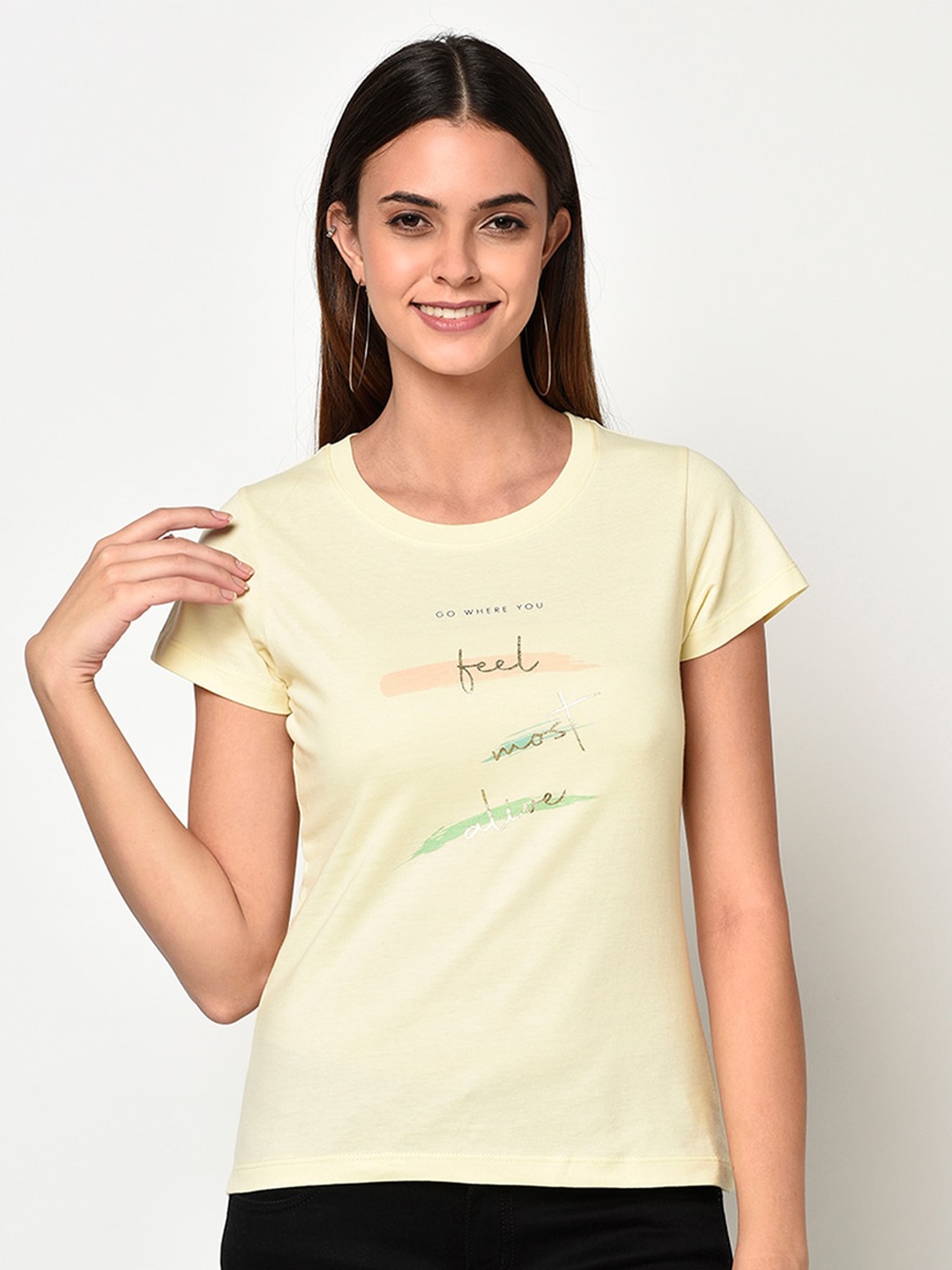

METTLE Women Yellow Printed Round Neck T-shirt