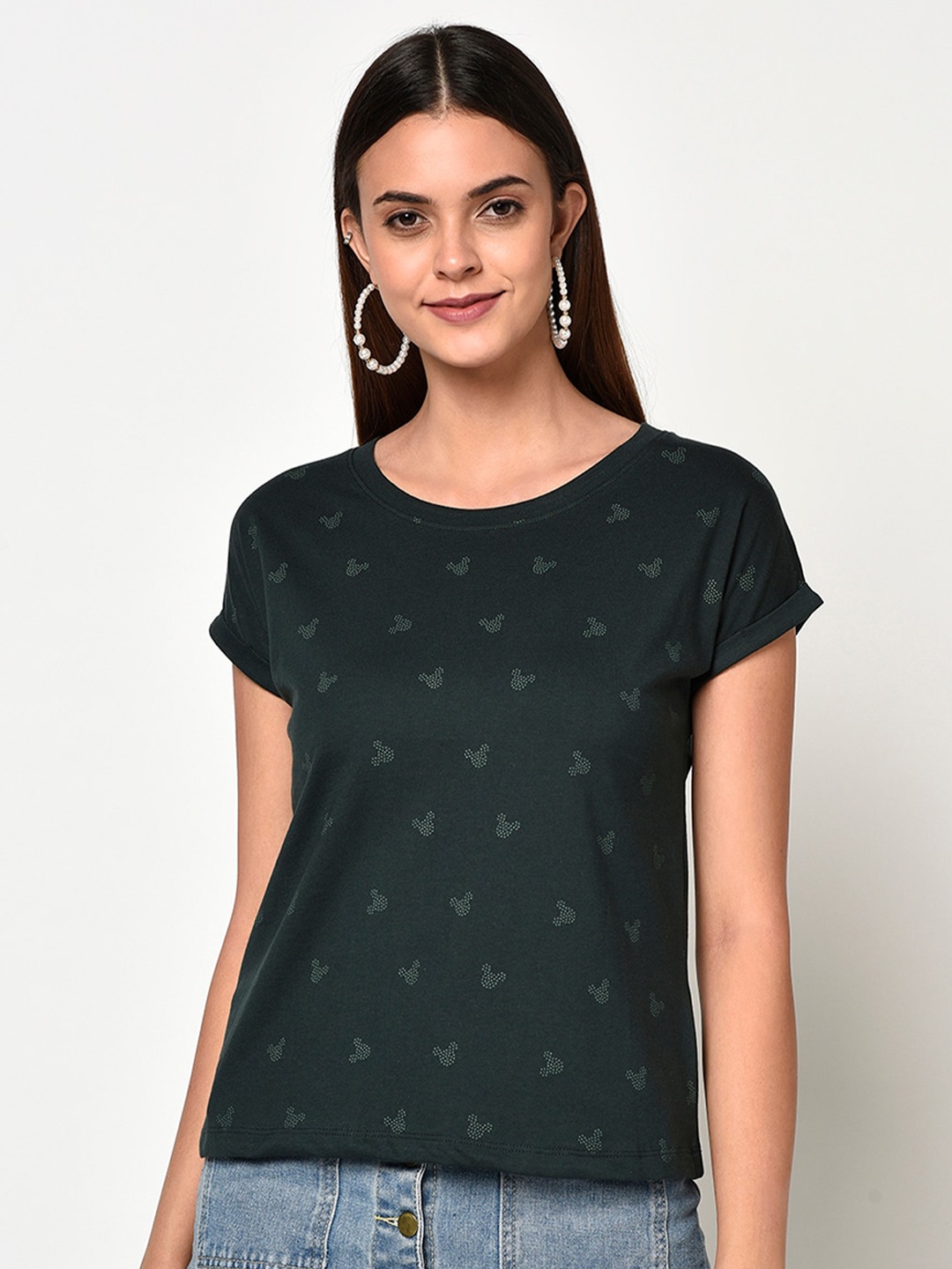 

METTLE Women Green Mickey Mouse Print Round Neck T-shirt