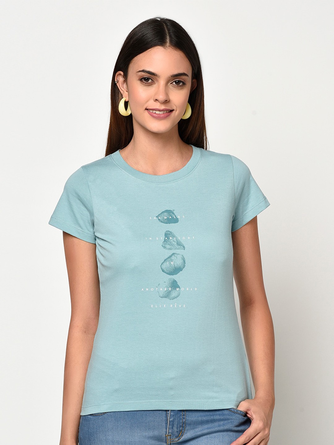 

METTLE Women Blue Printed Round Neck T-shirt