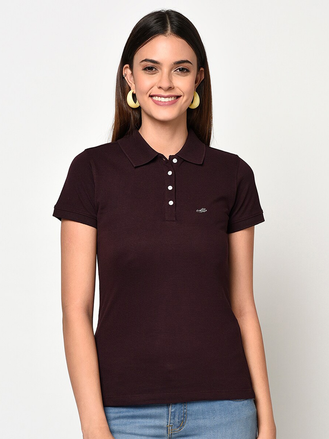 

METTLE Women Burgundy Solid Polo Collar T-shirt