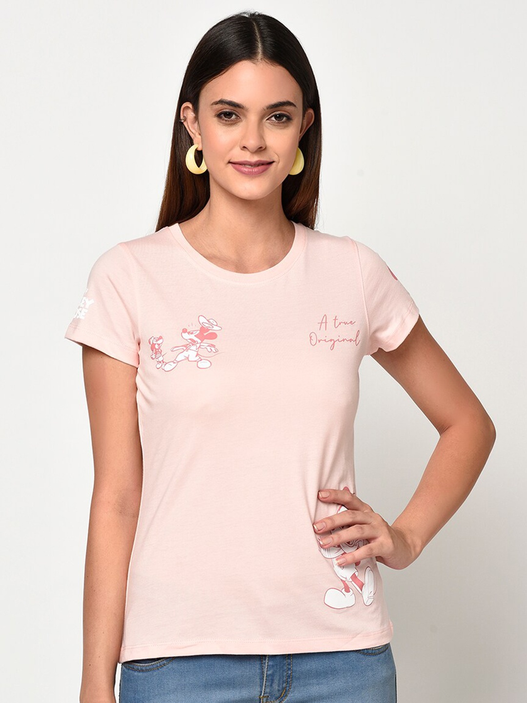 

METTLE Women Peach-Coloured Mickey Mouse Print Round Neck T-shirt