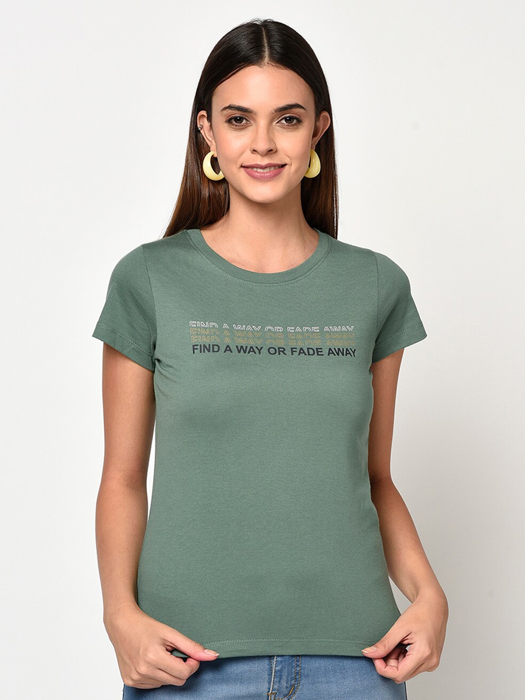 

METTLE Women Green Printed Detail Round Neck T-shirt