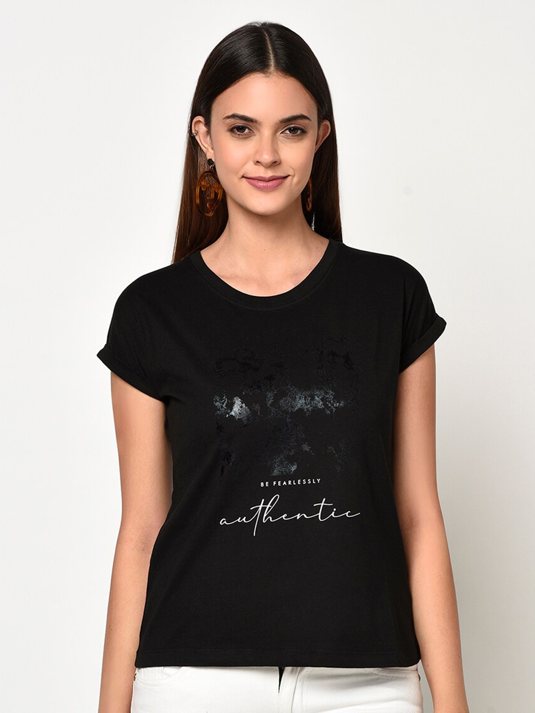 

METTLE Women Black Printed Round Neck T-shirt